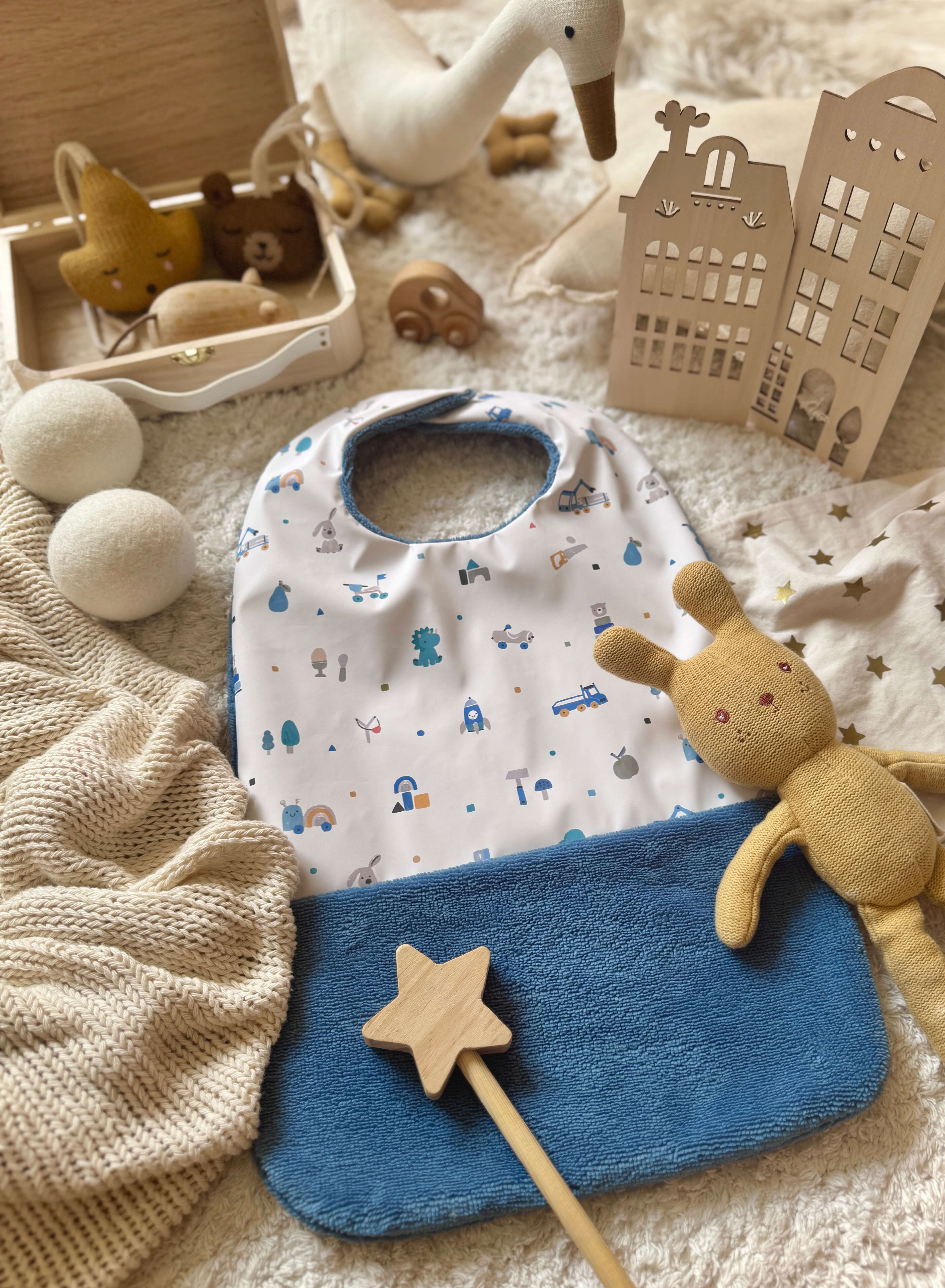 Bavoir Grand Bout'Chou / Tissu Imperméable Woodtoy - Bambou Pierre Bleue