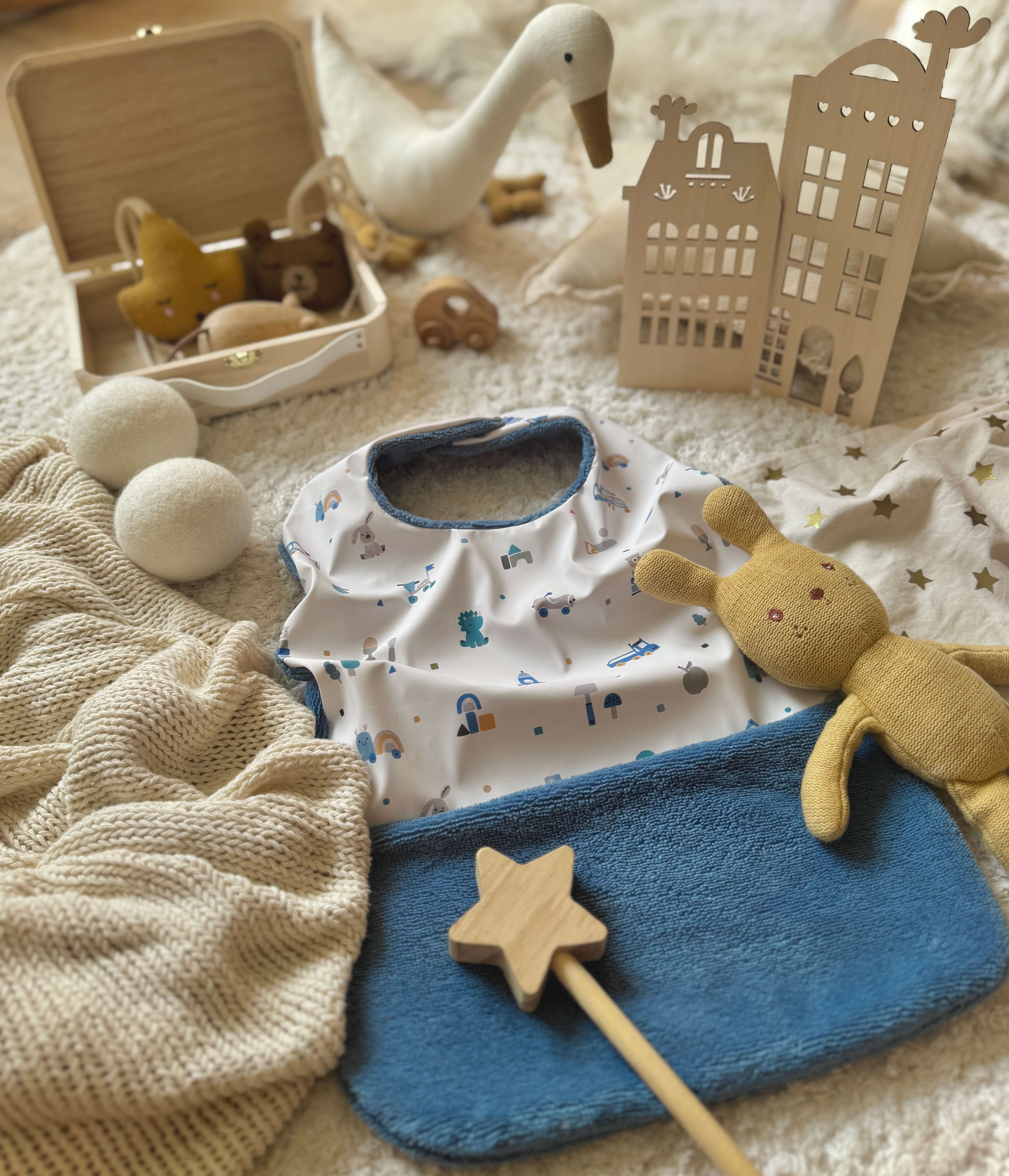 Bavoir Grand Bout'Chou / Tissu Imperméable Woodtoy - Bambou Pierre Bleue