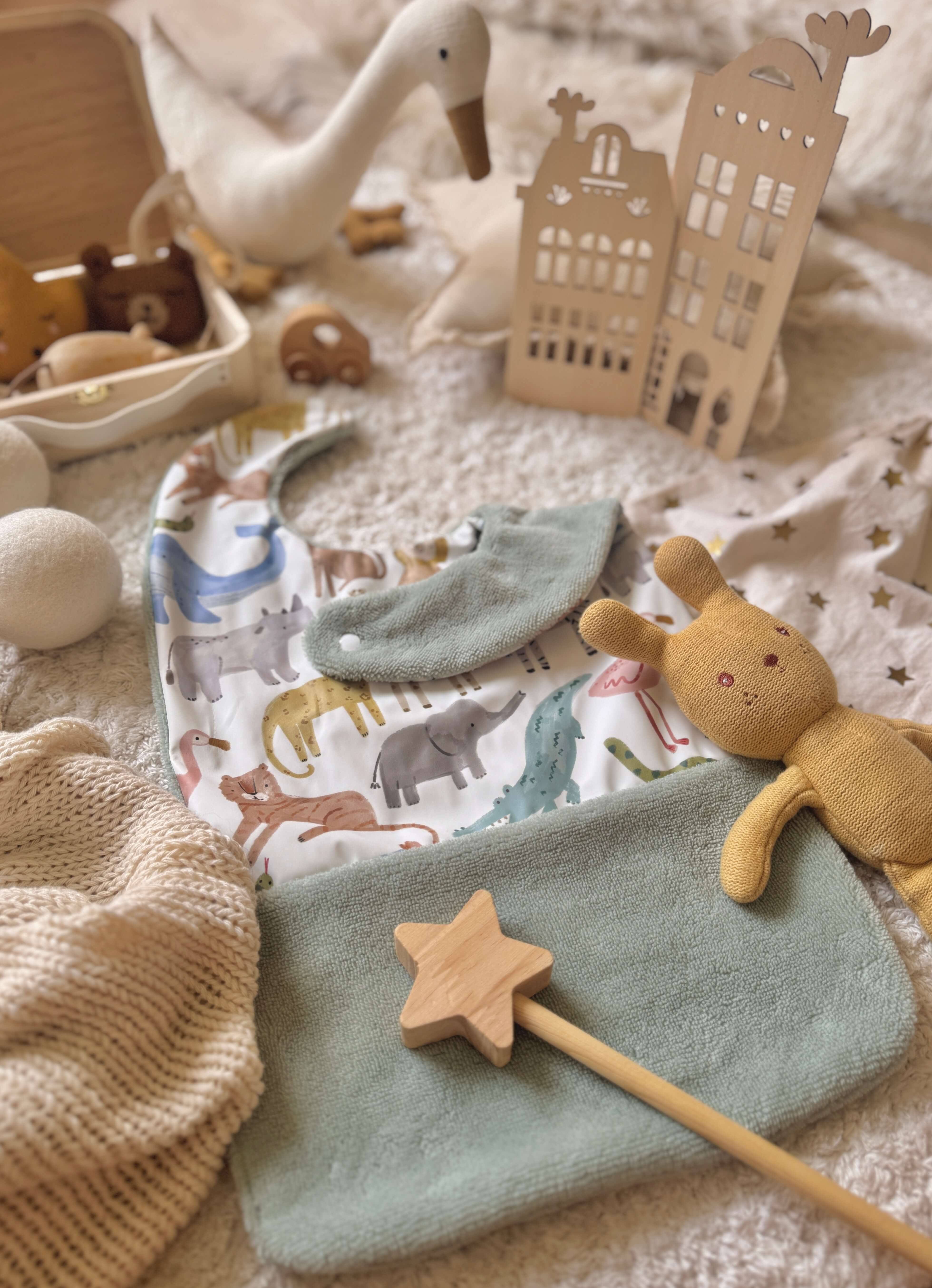 Bavoir Grand Bout'Chou / Tissu Imperméable Junzo - Bambou Vert de Gris