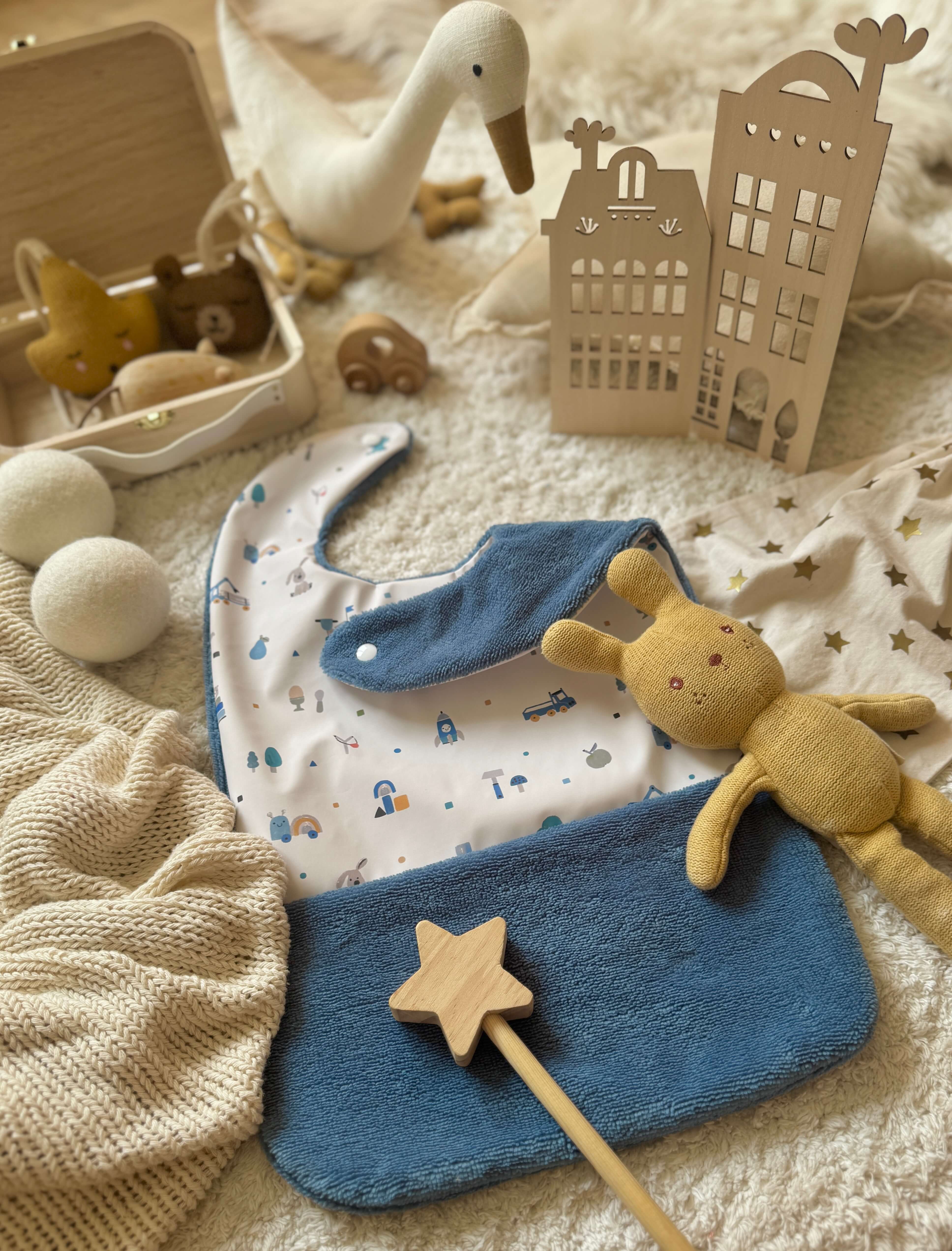 Bavoir Grand Bout'Chou / Tissu Imperméable Woodtoy - Bambou Pierre Bleue