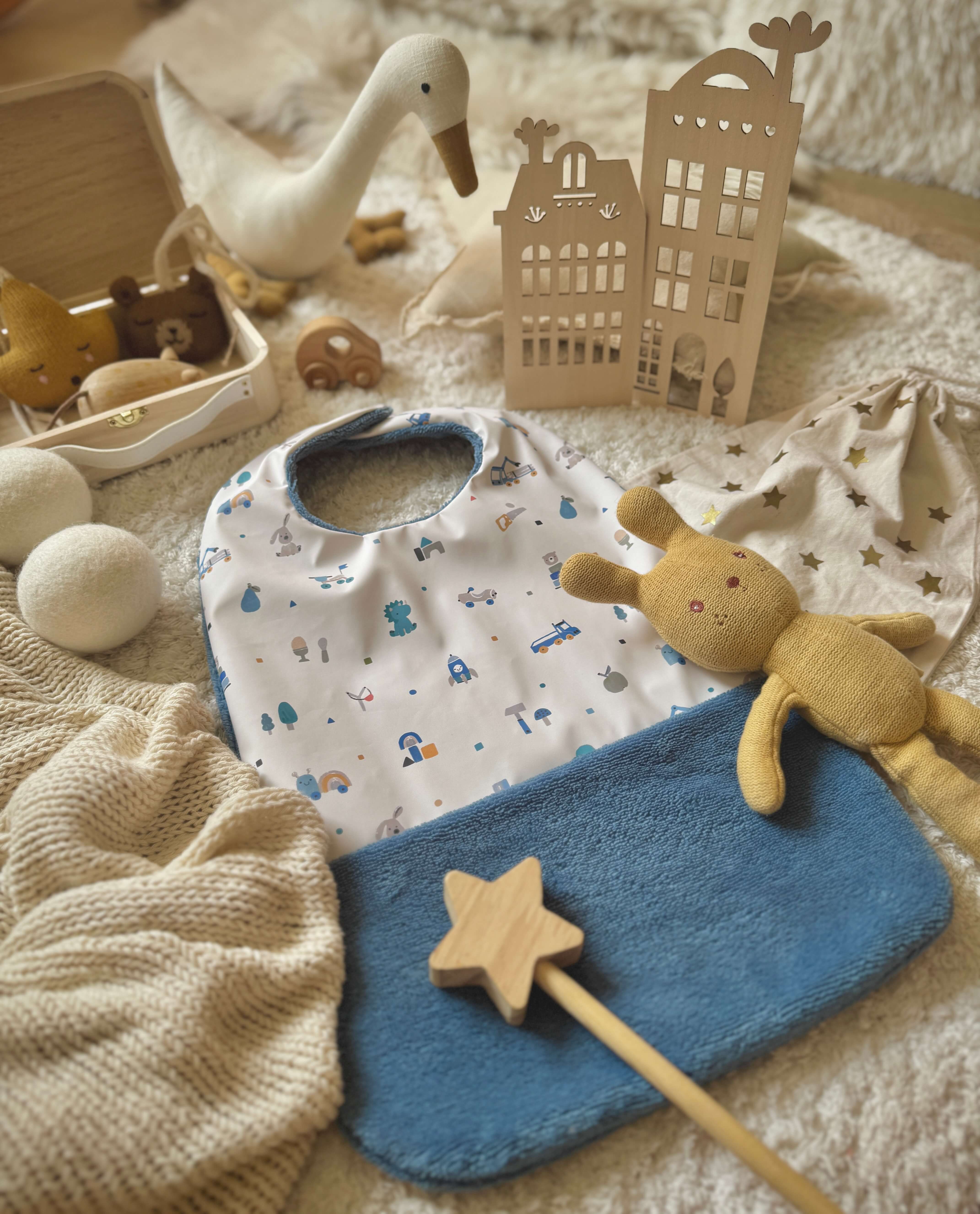 Bavoir Grand Bout'Chou / Tissu Imperméable Woodtoy - Bambou Pierre Bleue