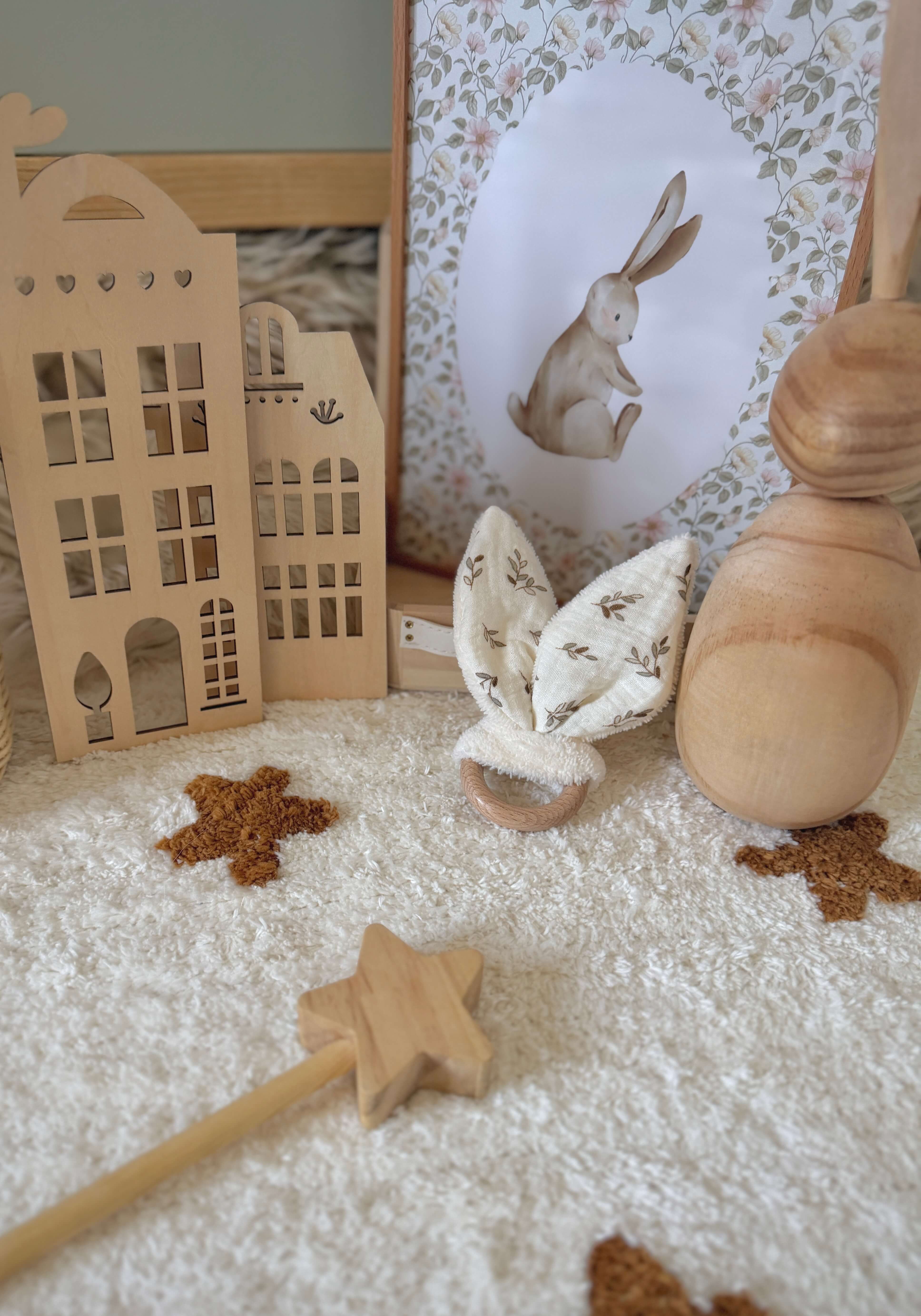 Anneau oreilles de Lapin en hêtre / Double Gaze Small Leaves